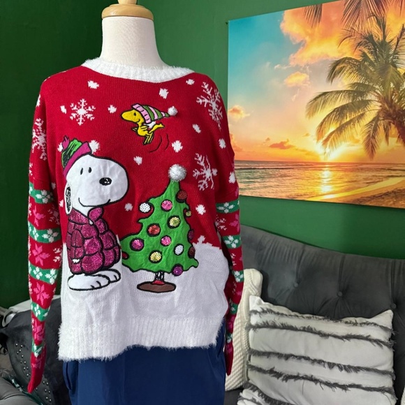 NWOT Peanuts - Snoopy And Woodstock Embroidered Ugly  Christmas Sweater - Picture 1 of 13
